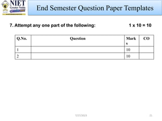 7/27/2023
End Semester Question Paper Templates
7. Attempt any one part of the following: 1 x 10 = 10
Q.No. Question Mark
s
CO
1 10
2 10
21
 