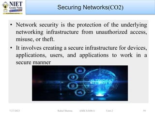 • Network security is the protection of the underlying
networking infrastructure from unauthorized access,
misuse, or theft.
• It involves creating a secure infrastructure for devices,
applications, users, and applications to work in a
secure manner
7/27/2023 Rahul Sharma AMICSAI0611 Unit-2 59
Securing Networks(CO2)
 