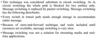 • This technique was considered substitute to circuit switching. As in
circuit switching the whole path is blocked for two entities only.
Message switching is replaced by packet switching. Message switching
has the following drawbacks:
• Every switch in transit path needs enough storage to accommodate
entire message.
• Because of store-and-forward technique and waits included until
resources are available, message switching is very slow.
• Message switching was not a solution for streaming media and real-
time applications.
 