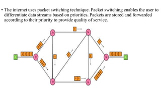 • The internet uses packet switching technique. Packet switching enables the user to
differentiate data streams based on priorities. Packets are stored and forwarded
according to their priority to provide quality of service.
 