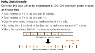 Parity Check Example-
Consider the data unit to be transmitted is 1001001 and even parity is used
At Sender Side-
Total number of 1’s in the data unit is counted.
Total number of 1’s in the data unit = 3.
Clearly, even parity is used and total number of 1’s is odd.
So, parity bit = 1 is added to the data unit to make total number of 1’s even.
Then, the code word 10010011 is transmitted to the receiver.
 