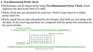 2. Two-dimensional Parity check
Performance can be improved by using Two-Dimensional Parity Check which
organizes the data in the form of a table.
Parity check bits are calculated for each row, which is equivalent to a simple
parity check bit.
Parity check bits are also calculated for all columns, then both are sent along with
the data. At the receiving end these are compared with the parity bits calculated on
the received data.
Parity check bits are calculated for each row, which is equivalent to a simple
parity check bit. Parity check bits are also calculated for all columns, then both are
sent along with the data. At the receiving end these are compared with the parity
bits calculated on the received data.
 