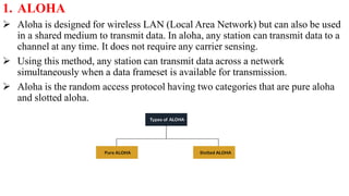 1. ALOHA
 Aloha is designed for wireless LAN (Local Area Network) but can also be used
in a shared medium to transmit data. In aloha, any station can transmit data to a
channel at any time. It does not require any carrier sensing.
 Using this method, any station can transmit data across a network
simultaneously when a data frameset is available for transmission.
 Aloha is the random access protocol having two categories that are pure aloha
and slotted aloha.
 