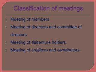 1. Meeting of members
2. Meeting of directors and committee of
directors
3. Meeting of debenture holders
4. Meeting of creditors and contributors
 
