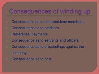1. Consequence as to shareholders/ members
2. Consequence as to creditors
3. Preferential payments
4. Consequence as to servants and officers
5. Consequence as to proceedings against the
company
6. Consequence as to cost
 