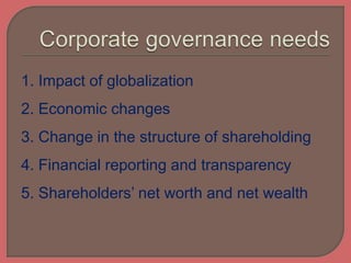 1. Impact of globalization
2. Economic changes
3. Change in the structure of shareholding
4. Financial reporting and transparency
5. Shareholders’ net worth and net wealth
 