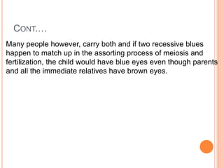 CONT.…
Many people however, carry both and if two recessive blues
happen to match up in the assorting process of meiosis and
fertilization, the child would have blue eyes even though parents
and all the immediate relatives have brown eyes.
 