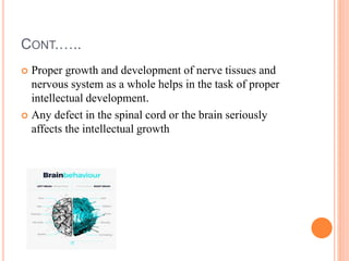 CONT.…..
 Proper growth and development of nerve tissues and
nervous system as a whole helps in the task of proper
intellectual development.
 Any defect in the spinal cord or the brain seriously
affects the intellectual growth
 