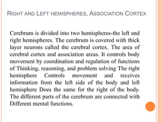 RIGHT AND LEFT HEMISPHERES, ASSOCIATION CORTEX
Cerebrum is divided into two hemispheres-the left and
right hemispheres. The cerebrum is covered with thick
layer neurons called the cerebral cortex. The area of
cerebral cortex and association areas. It controls body
movement by coordination and regulation of functions
of Thinking, reasoning, and problem solving The right
hemisphere Controls movement and receives
information from the left side of the body and left
hemisphere Does the same for the right of the body.
The different parts of the cerebrum are connected with
Different mental functions.
 