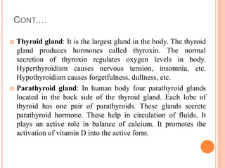 CONT.…
 Thyroid gland: It is the largest gland in the body. The thyroid
gland produces hormones called thyroxin. The normal
secretion of thyroxin regulates oxygen levels in body.
Hyperthyroidism causes nervous tension, insomnia, etc.
Hypothyroidism causes forgetfulness, dullness, etc.
 Parathyroid gland: In human body four parathyroid glands
located in the back side of the thyroid gland. Each lobe of
thyroid has one pair of parathyroids. These glands secrete
parathyroid hormone. These help in circulation of fluids. It
plays an active role in balance of calcium. It promotes the
activation of vitamin D into the active form.
 