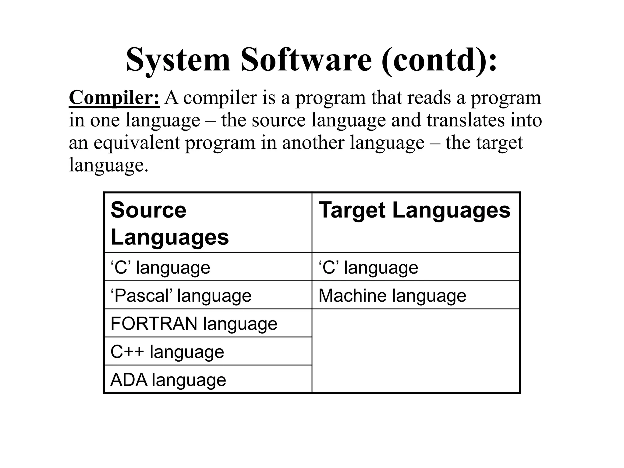 System Software (contd):
Source
Languages
Target Languages
‘C’ language ‘C’ language
‘Pascal’ language Machine language
FORTRAN language
C++ language
ADA language
Compiler: A compiler is a program that reads a program
in one language – the source language and translates into
an equivalent program in another language – the target
language.
 
