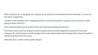 When contactor M1 is energized, the 3 phases (A, B, and C) are connected directly to terminals 1, 2, and 3 of
the motor, respectively.
However, when contactor M2 is energized, phases A and B are reversed, A going to motor terminal 2 and B
going to motor terminal 1.
This reversal of phase wires results in the motor spinning the opposite direction.
If someone were to do that, phases A and B would be short-circuited together by virtue of the fact that
contactor M1 sends phases A and B straight to the motor and contactor M2 reverses them; phase A would be
shorted to phase B and vice versa.
Obviously, this is a bad control system design!
 