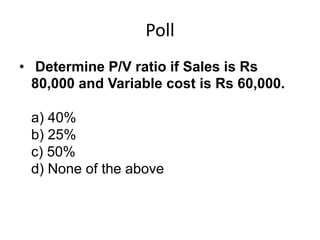 Poll
• Determine P/V ratio if Sales is Rs
80,000 and Variable cost is Rs 60,000.
a) 40%
b) 25%
c) 50%
d) None of the above
 