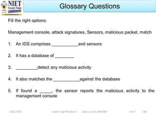 10/21/2022 106
Glossary Questions
Sujeet Singh Bhadouria Cyber security ANC0301 Unit 2
Fill the right options:
Management console, attack signatures, Sensors, malicious packet, match
1. An IDS comprises ___________and sensors
2. It has a database of ________
3. _________detect any malicious activity
4. It also matches the ___________against the database
5. If found a _____, the sensor reports the malicious activity to the
management console
 
