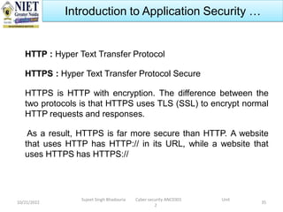 10/21/2022
Sujeet Singh Bhadouria Cyber security ANC0301 Unit
2
35
Introduction to Application Security …
HTTP : Hyper Text Transfer Protocol
HTTPS : Hyper Text Transfer Protocol Secure
HTTPS is HTTP with encryption. The difference between the
two protocols is that HTTPS uses TLS (SSL) to encrypt normal
HTTP requests and responses.
As a result, HTTPS is far more secure than HTTP. A website
that uses HTTP has HTTP:// in its URL, while a website that
uses HTTPS has HTTPS://
 