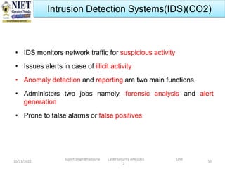 10/21/2022
Sujeet Singh Bhadouria Cyber security ANC0301 Unit
2
50
Intrusion Detection Systems(IDS)(CO2)
• IDS monitors network traffic for suspicious activity
• Issues alerts in case of illicit activity
• Anomaly detection and reporting are two main functions
• Administers two jobs namely, forensic analysis and alert
generation
• Prone to false alarms or false positives
 