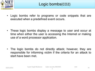 10/21/2022
Sujeet Singh Bhadouria Cyber security ANC0301 Unit
2
74
Logic bombs(CO2)
• Logic bombs refer to programs or code snippets that are
executed when a predefined event occurs.
• These logic bombs display a message to user and occur at
time when either the user is accessing the Internet or making
use of a word processor application.
• The logic bombs do not directly attack; however, they are
responsible for informing victim if the criteria for an attack to
start have been met.
 