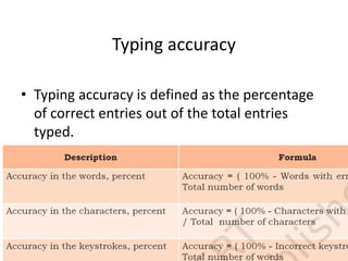 Typing accuracy
• Typing accuracy is defined as the percentage
of correct entries out of the total entries
typed.
 