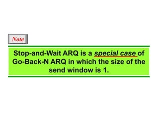 Stop-and-Wait ARQ is a special case of 
Go-Back-N ARQ in which the size of the 
send window is 1. 
Note 
 