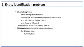 1. Entity identification problem
• Schema integration:
Mismatching attribute names
Identify real world entities from multiple data sources,
e.g., Bill Clinton = William Clinton
e.g., A.cust-id  B.cust-#
Integrate metadata from different sources
• Object matching: Mismatching structure of data
Ex: Discount issues
Currency type
24
 