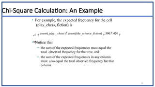 40
Chi-Square Calculation: An Example
• For example, the expected frequency for the cell
(play_chess, fiction) is
11
e 
count( play _ chess)* count(like_science_fiction)

300 * 450

90
N
1500
• Notice that
– the sum of the expected frequencies must equal the
total observed frequency for that row, and
– the sum of the expected frequencies in any column
must also equal the total observed frequency for that
column.
 