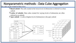 67
Nonparametric methods : Data Cube Aggregation
•The cube can be created in three ways:
 Based cuboid- The cube created at the lowest level of abstraction is referred to as base
cuboid.
 Lattice of cuboids- Data cubes created for varying levels of abstraction are often
referred to as cuboids.
 Apex cuboid - A cube at highest level of abstraction is the apex cuboid
 
