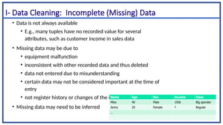 I- Data Cleaning: Incomplete (Missing) Data
• Data is not always available
• E.g., many tuples have no recorded value for several
attributes, such as customer income in sales data
• Missing data may be due to
• equipment malfunction
• inconsistent with other recorded data and thus deleted
• data not entered due to misunderstanding
• certain data may not be considered important at the time of
entry
• not register history or changes of the data
• Missing data may need to be inferred
7
 