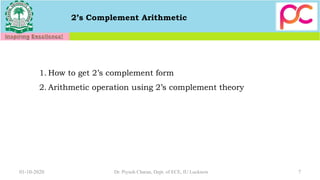 7
2’s Complement Arithmetic
1. How to get 2’s complement form
2. Arithmetic operation using 2’s complement theory
01-10-2020 Dr. Piyush Charan, Dept. of ECE, IU Lucknow
 