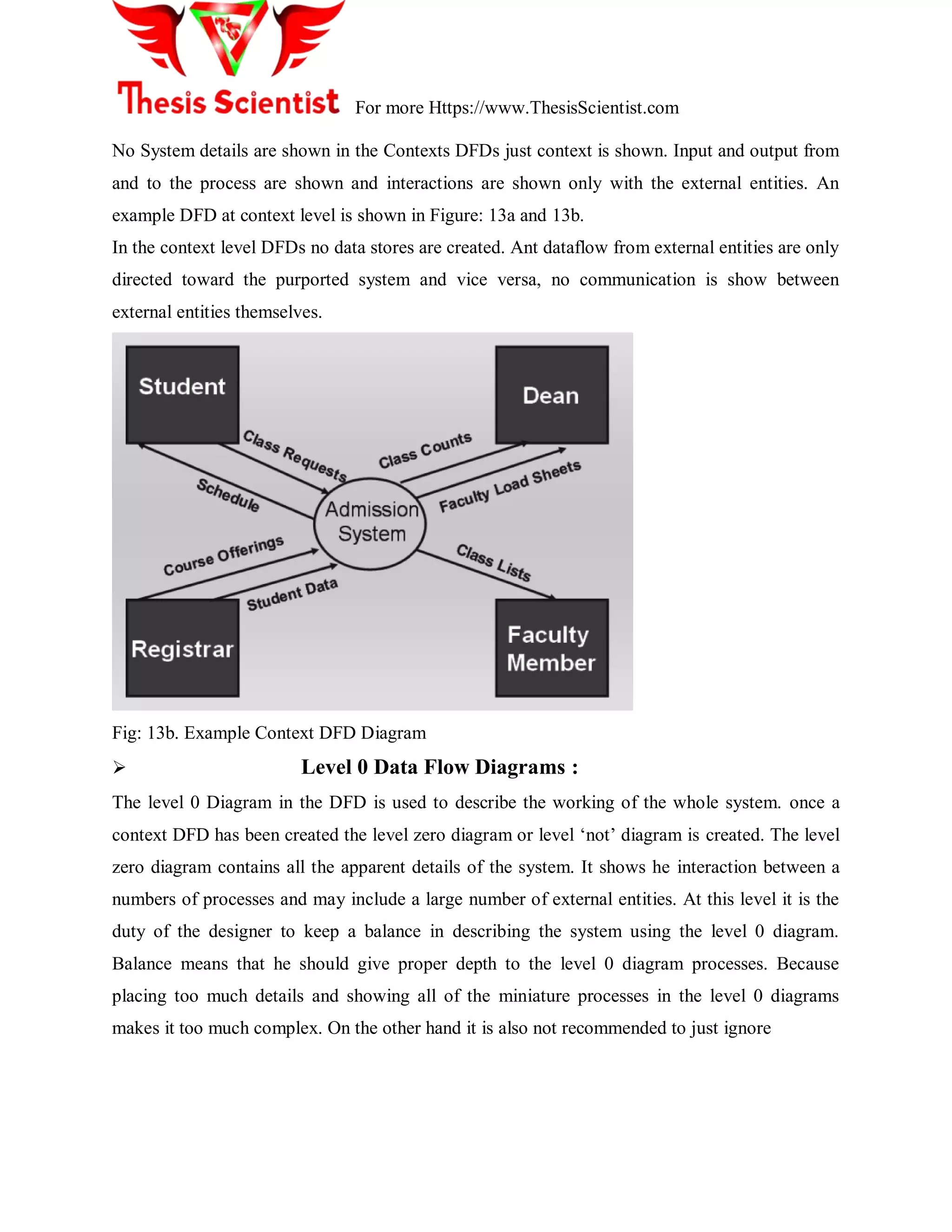 For more Https://www.ThesisScientist.com
No System details are shown in the Contexts DFDs just context is shown. Input and output from
and to the process are shown and interactions are shown only with the external entities. An
example DFD at context level is shown in Figure: 13a and 13b.
In the context level DFDs no data stores are created. Ant dataflow from external entities are only
directed toward the purported system and vice versa, no communication is show between
external entities themselves.
Fig: 13b. Example Context DFD Diagram
 Level 0 Data Flow Diagrams :
The level 0 Diagram in the DFD is used to describe the working of the whole system. once a
context DFD has been created the level zero diagram or level „not‟ diagram is created. The level
zero diagram contains all the apparent details of the system. It shows he interaction between a
numbers of processes and may include a large number of external entities. At this level it is the
duty of the designer to keep a balance in describing the system using the level 0 diagram.
Balance means that he should give proper depth to the level 0 diagram processes. Because
placing too much details and showing all of the miniature processes in the level 0 diagrams
makes it too much complex. On the other hand it is also not recommended to just ignore
 