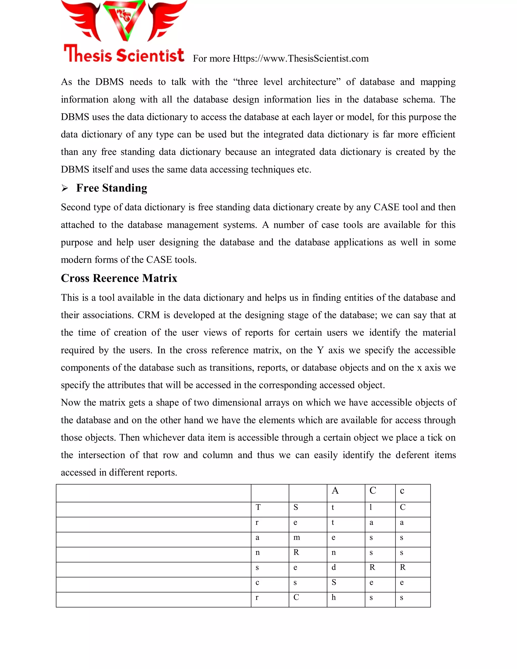 For more Https://www.ThesisScientist.com
As the DBMS needs to talk with the “three level architecture” of database and mapping
information along with all the database design information lies in the database schema. The
DBMS uses the data dictionary to access the database at each layer or model, for this purpose the
data dictionary of any type can be used but the integrated data dictionary is far more efficient
than any free standing data dictionary because an integrated data dictionary is created by the
DBMS itself and uses the same data accessing techniques etc.
 Free Standing
Second type of data dictionary is free standing data dictionary create by any CASE tool and then
attached to the database management systems. A number of case tools are available for this
purpose and help user designing the database and the database applications as well in some
modern forms of the CASE tools.
Cross Reerence Matrix
This is a tool available in the data dictionary and helps us in finding entities of the database and
their associations. CRM is developed at the designing stage of the database; we can say that at
the time of creation of the user views of reports for certain users we identify the material
required by the users. In the cross reference matrix, on the Y axis we specify the accessible
components of the database such as transitions, reports, or database objects and on the x axis we
specify the attributes that will be accessed in the corresponding accessed object.
Now the matrix gets a shape of two dimensional arrays on which we have accessible objects of
the database and on the other hand we have the elements which are available for access through
those objects. Then whichever data item is accessible through a certain object we place a tick on
the intersection of that row and column and thus we can easily identify the deferent items
accessed in different reports.
A C c
T S t l C
r e t a a
a m e s s
n R n s s
s e d R R
c s S e e
r C h s s
 