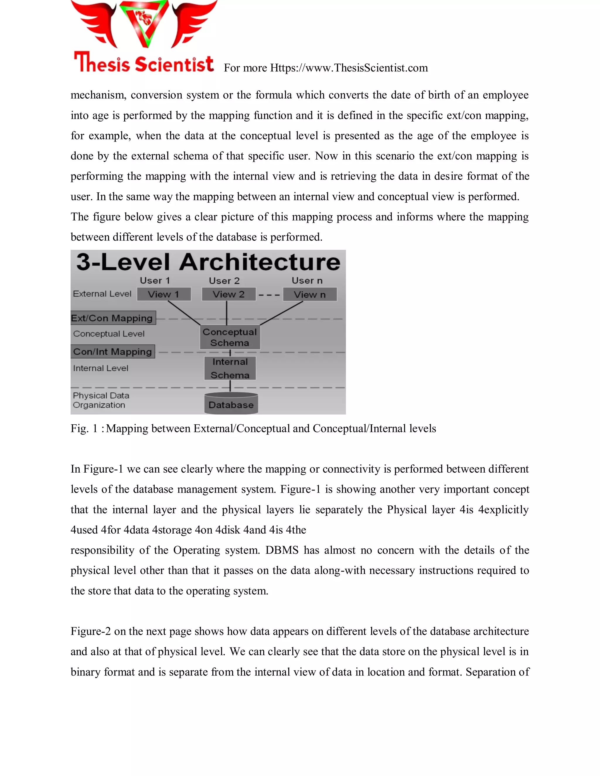 For more Https://www.ThesisScientist.com
mechanism, conversion system or the formula which converts the date of birth of an employee
into age is performed by the mapping function and it is defined in the specific ext/con mapping,
for example, when the data at the conceptual level is presented as the age of the employee is
done by the external schema of that specific user. Now in this scenario the ext/con mapping is
performing the mapping with the internal view and is retrieving the data in desire format of the
user. In the same way the mapping between an internal view and conceptual view is performed.
The figure below gives a clear picture of this mapping process and informs where the mapping
between different levels of the database is performed.
Fig. 1 :Mapping between External/Conceptual and Conceptual/Internal levels
In Figure-1 we can see clearly where the mapping or connectivity is performed between different
levels of the database management system. Figure-1 is showing another very important concept
that the internal layer and the physical layers lie separately the Physical layer 4is 4explicitly
4used 4for 4data 4storage 4on 4disk 4and 4is 4the
responsibility of the Operating system. DBMS has almost no concern with the details of the
physical level other than that it passes on the data along-with necessary instructions required to
the store that data to the operating system.
Figure-2 on the next page shows how data appears on different levels of the database architecture
and also at that of physical level. We can clearly see that the data store on the physical level is in
binary format and is separate from the internal view of data in location and format. Separation of
 