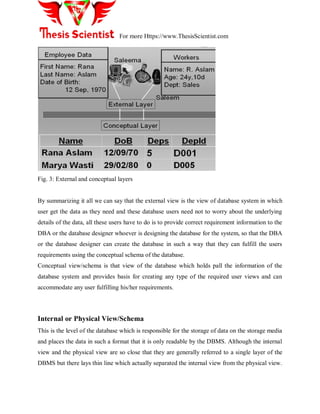For more Https://www.ThesisScientist.com
Fig. 3: External and conceptual layers
By summarizing it all we can say that the external view is the view of database system in which
user get the data as they need and these database users need not to worry about the underlying
details of the data, all these users have to do is to provide correct requirement information to the
DBA or the database designer whoever is designing the database for the system, so that the DBA
or the database designer can create the database in such a way that they can fulfill the users
requirements using the conceptual schema of the database.
Conceptual view/schema is that view of the database which holds pall the information of the
database system and provides basis for creating any type of the required user views and can
accommodate any user fulfilling his/her requirements.
Internal or Physical View/Schema
This is the level of the database which is responsible for the storage of data on the storage media
and places the data in such a format that it is only readable by the DBMS. Although the internal
view and the physical view are so close that they are generally referred to a single layer of the
DBMS but there lays thin line which actually separated the internal view from the physical view.
 