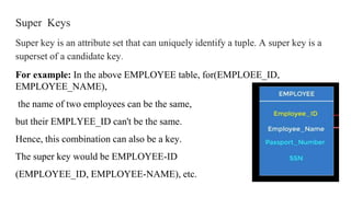 Super Keys
Super key is an attribute set that can uniquely identify a tuple. A super key is a
superset of a candidate key.
For example: In the above EMPLOYEE table, for(EMPLOEE_ID,
EMPLOYEE_NAME),
the name of two employees can be the same,
but their EMPLYEE_ID can't be the same.
Hence, this combination can also be a key.
The super key would be EMPLOYEE-ID
(EMPLOYEE_ID, EMPLOYEE-NAME), etc.
 
