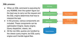 SQL process:
● When an SQL command is executing for
any RDBMS, then the system figure out
the best way to carry out the request and
the SQL engine determines that how to
interpret the task.
● In the process, various components are
included. These components can be
optimization Engine, Query engine,
Query dispatcher, classic, etc.
● All the non-SQL queries are handled by
the classic query engine, but SQL query
engine won't handle logical files.
 