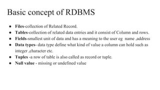 Basic concept of RDBMS
● Files-collection of Related Record.
● Tables-collection of related data entries and it consist of Column and rows.
● Fields-smallest unit of data and has a meaning to the user eg name ,address
● Data types- data type define what kind of value a column can hold such as
integer ,character etc.
● Tuples -a row of table is also called as record or tuple.
● Null value - missing or undefined value
 