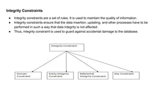 Integrity Constraints
● Integrity constraints are a set of rules. It is used to maintain the quality of information.
● Integrity constraints ensure that the data insertion, updating, and other processes have to be
performed in such a way that data integrity is not affected.
● Thus, integrity constraint is used to guard against accidental damage to the database.
Types of Integrity Constraint
 