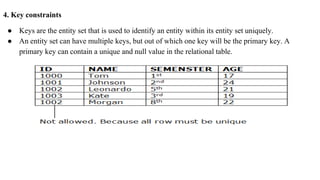 4. Key constraints
● Keys are the entity set that is used to identify an entity within its entity set uniquely.
● An entity set can have multiple keys, but out of which one key will be the primary key. A
primary key can contain a unique and null value in the relational table.
 