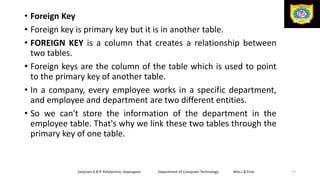 • Foreign Key
• Foreign key is primary key but it is in another table.
• FOREIGN KEY is a column that creates a relationship between
two tables.
• Foreign keys are the column of the table which is used to point
to the primary key of another table.
• In a company, every employee works in a specific department,
and employee and department are two different entities.
• So we can't store the information of the department in the
employee table. That's why we link these two tables through the
primary key of one table.
Sanjivani K.B.P. Polytechnic, Kopargaon Department of Computer Technology Miss.I.B.Tirse 27
 