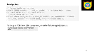 Foreign Key
To drop a FOREIGN KEY constraint, use the following SQL syntax.
56
// Parent table definition
CREATE TABLE student ( roll_no number (3) primary key, name
varchar2 (15), city varchar2 (15) );
// child table definition
CREATE TABLE stud_detail ( roll_no number (3) references student
(roll_no), address varchar2 (30), city varchar2 (15) );
ALTER TABLE ORDERS DROP FOREIGN
KEY;
 