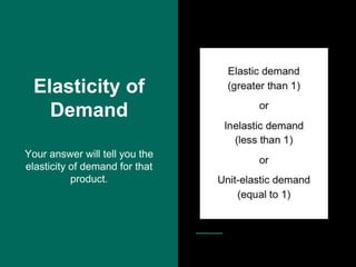 Elasticity of
Demand
Your answer will tell you the
elasticity of demand for that
product.
 