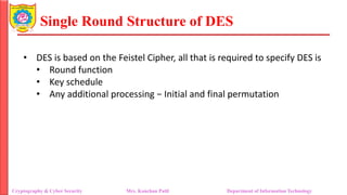 Single Round Structure of DES
• DES is based on the Feistel Cipher, all that is required to specify DES is
• Round function
• Key schedule
• Any additional processing − Initial and final permutation
Cryptography & Cyber Security Mrs. Kanchan Patil Department of Information Technology
 