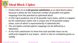 Ideal Block Cipher
• Feistel refers to an n-bit general substitution as an ideal block cipher,
because it allows for the maximum number of possible encryption
mappings from the plaintext to ciphertext block.
• A 4-bit input produces one of 16 possible input states, which is mapped
by the substitution cipher into a unique one of 16 possible output
states, each of which is represented by 4 ciphertext bits.
• The encryption and decryption mappings can be defined by a
tabulation.
• A tiny 4-bit substitution to show that each possible input can be
arbitrarily mapped to any output - which is why its complexity grows so
rapidly.
Cryptography & Cyber Security Mrs. Kanchan Patil Department of Information Technology
 