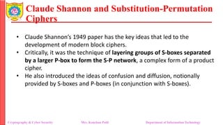 Claude Shannon and Substitution-Permutation
Ciphers
• Claude Shannon’s 1949 paper has the key ideas that led to the
development of modern block ciphers.
• Critically, it was the technique of layering groups of S-boxes separated
by a larger P-box to form the S-P network, a complex form of a product
cipher.
• He also introduced the ideas of confusion and diffusion, notionally
provided by S-boxes and P-boxes (in conjunction with S-boxes).
Cryptography & Cyber Security Mrs. Kanchan Patil Department of Information Technology
 
