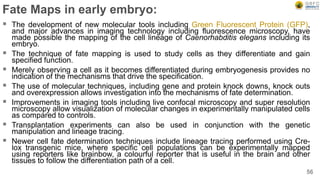 Fate Maps in early embryo:
 The development of new molecular tools including Green Fluorescent Protein (GFP),
and major advances in imaging technology including fluorescence microscopy, have
made possible the mapping of the cell lineage of Caenorhabditis elegans including its
embryo.
 The technique of fate mapping is used to study cells as they differentiate and gain
specified function.
 Merely observing a cell as it becomes differentiated during embryogenesis provides no
indication of the mechanisms that drive the specification.
 The use of molecular techniques, including gene and protein knock downs, knock outs
and overexpression allows investigation into the mechanisms of fate determination.
 Improvements in imaging tools including live confocal microscopy and super resolution
microscopy allow visualization of molecular changes in experimentally manipulated cells
as compared to controls.
 Transplantation experiments can also be used in conjunction with the genetic
manipulation and lineage tracing.
 Newer cell fate determination techniques include lineage tracing performed using Cre-
lox transgenic mice, where specific cell populations can be experimentally mapped
using reporters like brainbow, a colourful reporter that is useful in the brain and other
tissues to follow the differentiation path of a cell.
56
 