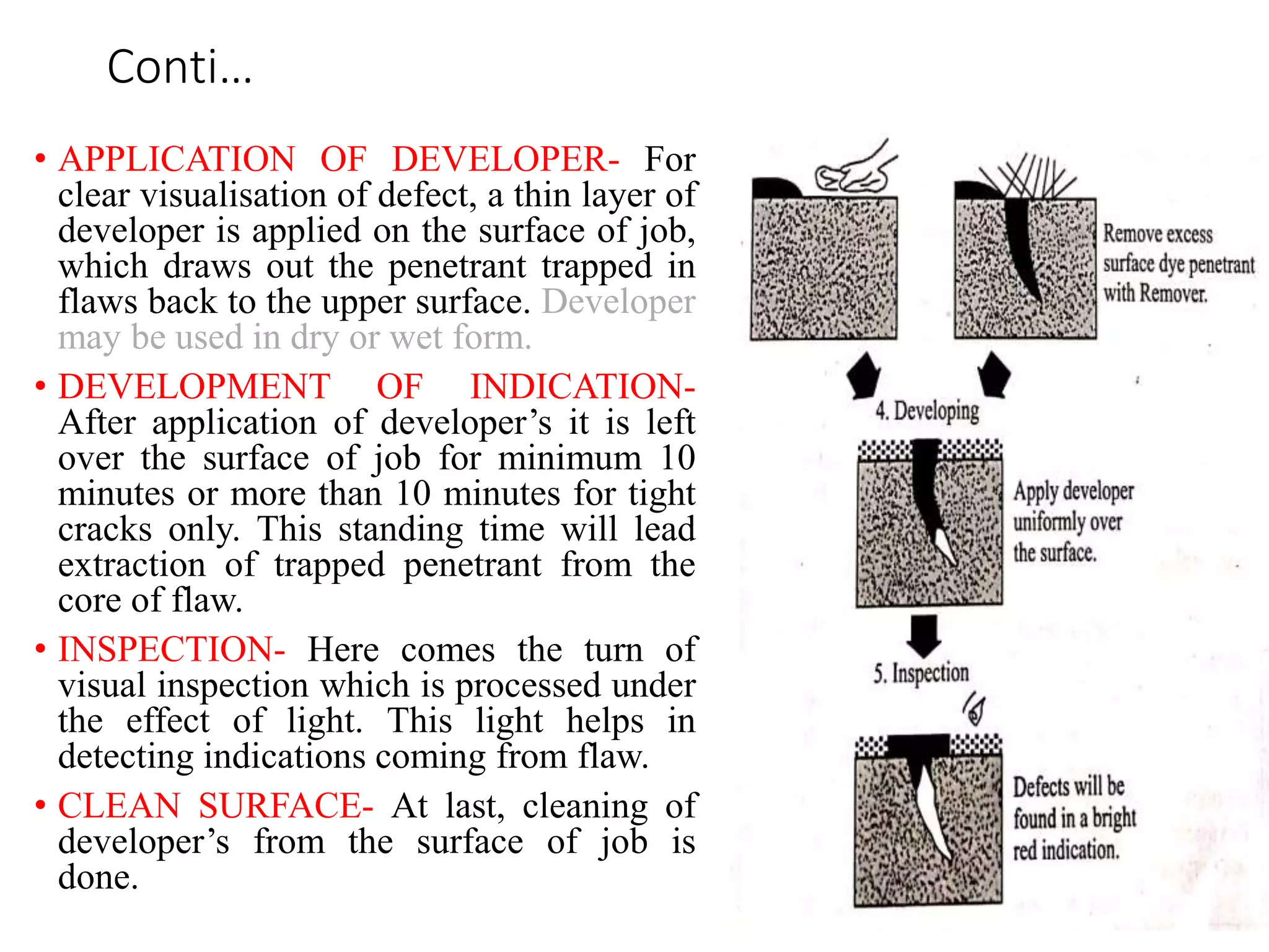 Conti…
• APPLICATION OF DEVELOPER- For
clear visualisation of defect, a thin layer of
developer is applied on the surface of job,
which draws out the penetrant trapped in
flaws back to the upper surface. Developer
may be used in dry or wet form.
• DEVELOPMENT OF INDICATION-
After application of developer’s it is left
over the surface of job for minimum 10
minutes or more than 10 minutes for tight
cracks only. This standing time will lead
extraction of trapped penetrant from the
core of flaw.
• INSPECTION- Here comes the turn of
visual inspection which is processed under
the effect of light. This light helps in
detecting indications coming from flaw.
• CLEAN SURFACE- At last, cleaning of
developer’s from the surface of job is
done.
 