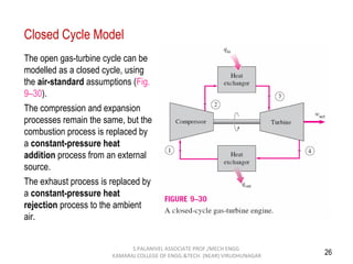 26
The open gas-turbine cycle can be
modelled as a closed cycle, using
the air-standard assumptions (Fig.
9–30).
The compression and expansion
processes remain the same, but the
combustion process is replaced by
a constant-pressure heat
addition process from an external
source.
The exhaust process is replaced by
a constant-pressure heat
rejection process to the ambient
air.
Closed Cycle Model
S.PALANIVEL ASSOCIATE PROF./MECH ENGG
KAMARAJ COLLEGE OF ENGG.&TECH. (NEAR) VIRUDHUNAGAR
 