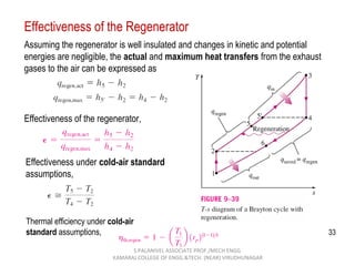 33
Effectiveness of the regenerator,
Effectiveness under cold-air standard
assumptions,
Thermal efficiency under cold-air
standard assumptions,
Effectiveness of the Regenerator
Assuming the regenerator is well insulated and changes in kinetic and potential
energies are negligible, the actual and maximum heat transfers from the exhaust
gases to the air can be expressed as
S.PALANIVEL ASSOCIATE PROF./MECH ENGG
KAMARAJ COLLEGE OF ENGG.&TECH. (NEAR) VIRUDHUNAGAR
 