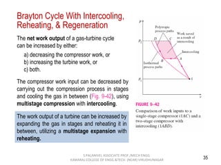 35
Brayton Cycle With Intercooling,
Reheating, & Regeneration
The net work output of a gas-turbine cycle
can be increased by either:
a) decreasing the compressor work, or
b) increasing the turbine work, or
c) both.
The compressor work input can be decreased by
carrying out the compression process in stages
and cooling the gas in between (Fig. 9-42), using
multistage compression with intercooling.
The work output of a turbine can be increased by
expanding the gas in stages and reheating it in
between, utilizing a multistage expansion with
reheating.
S.PALANIVEL ASSOCIATE PROF./MECH ENGG
KAMARAJ COLLEGE OF ENGG.&TECH. (NEAR) VIRUDHUNAGAR
 