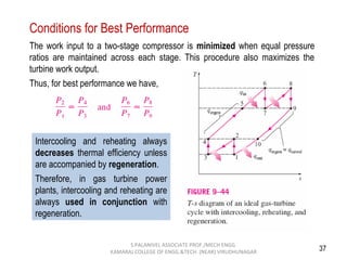 37
The work input to a two-stage compressor is minimized when equal pressure
ratios are maintained across each stage. This procedure also maximizes the
turbine work output.
Thus, for best performance we have,
Conditions for Best Performance
Intercooling and reheating always
decreases thermal efficiency unless
are accompanied by regeneration.
Therefore, in gas turbine power
plants, intercooling and reheating are
always used in conjunction with
regeneration.
S.PALANIVEL ASSOCIATE PROF./MECH ENGG
KAMARAJ COLLEGE OF ENGG.&TECH. (NEAR) VIRUDHUNAGAR
 