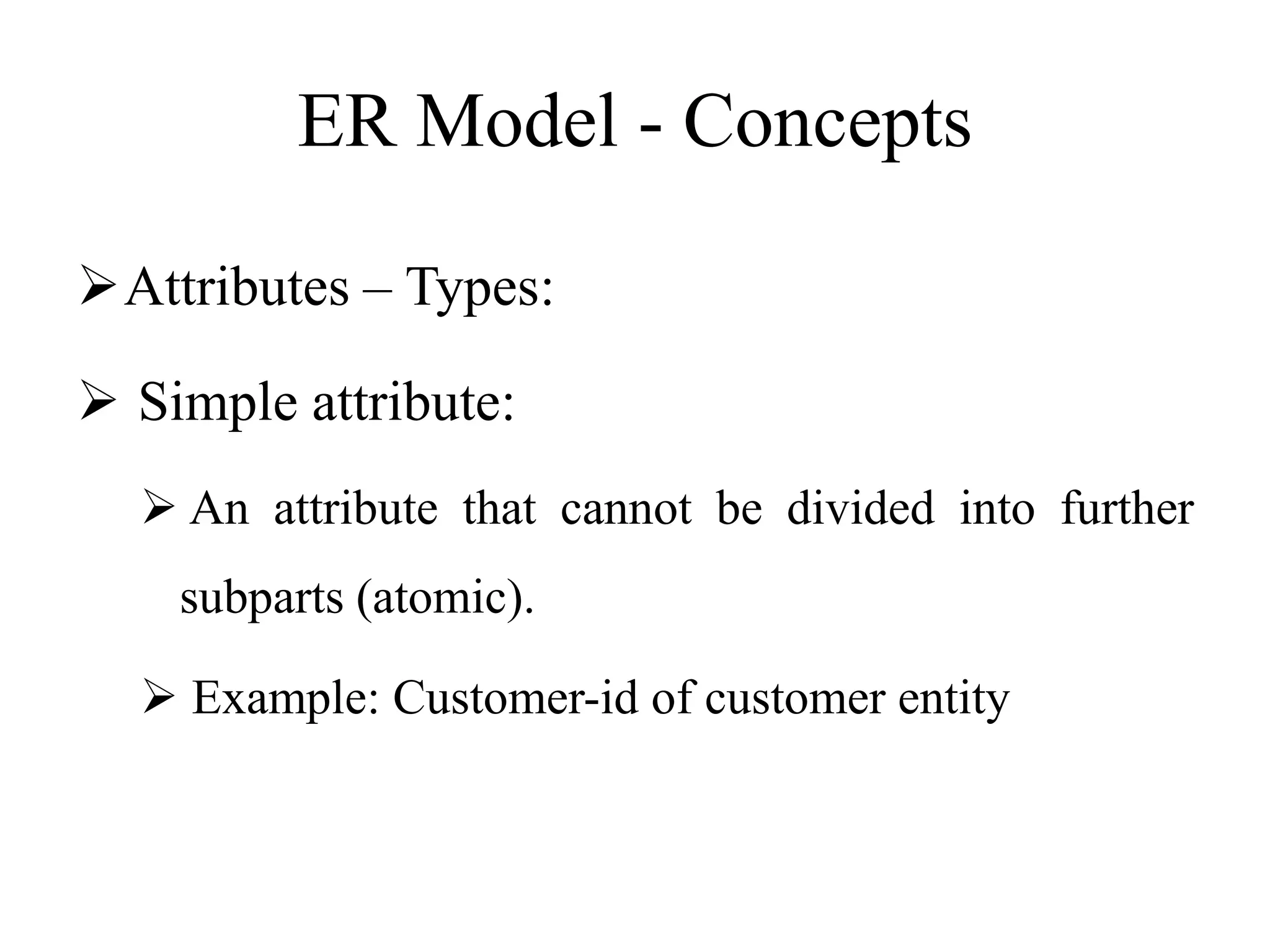 ER Model - Concepts
Attributes – Types:
 Simple attribute:
 An attribute that cannot be divided into further
subparts (atomic).
 Example: Customer-id of customer entity
 